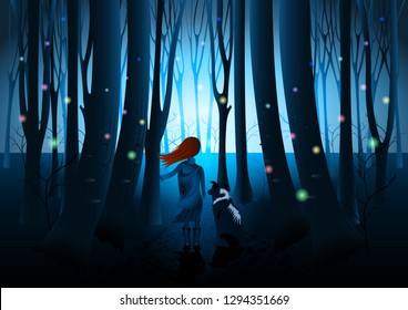 Girl with dog, rear view, flying multicolored fireflies in dark fantasy shine forest. Mysterious Vector Illustration