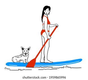 A girl and a dog ride on the water with a sup surfboard, vector. Sports illustration concept in orange and blue colors isolated on white. doodle, doodle style