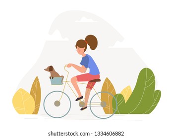 Girl with a dog riding a bicycle - vector