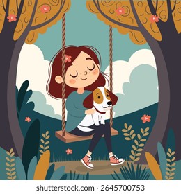 Girl and dog riding on swings in the forest.