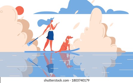 Ilustración vectorial de la tabla de surf de la equitación de niñas y perros