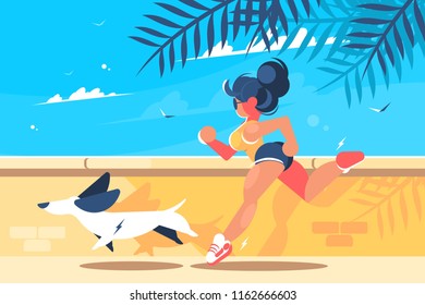 Girl with dog running. Sports and fitness jogging. Vector illustration