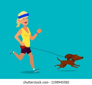 Girl with dog running. Sports and fitness jogging. Vector illustration