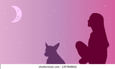 Girl and dog silhouettes on the pink starry sky background vector design