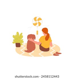 Girl and dog sitting at electric fan in summer heat, back view vector illustration