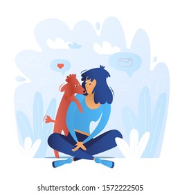 Girl with a dog sitting like a blue background