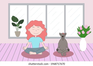 A girl and a dog are sitting in a lotus position, a girl is engaged in yoga with her dog in a yoga studio