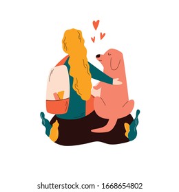 Girl and dog sitting and traveling together. Friends forever concept. Backpacking voyage