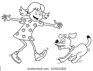Girl and dog, smiling vector illustration, coloring book. Girl playing with her dog.