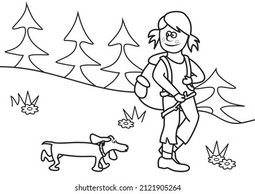 Girl and dog, smiling vector illustration, coloring book. Young woman playing with her dog.