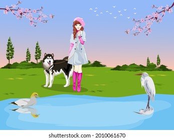 A girl with a dog stands by the water with a bird in front. green meadow and sky as background