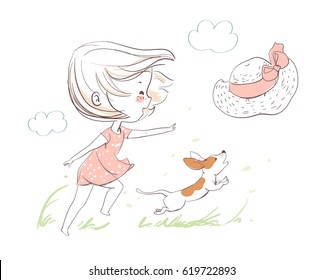 Girl with a dog. Summer theme