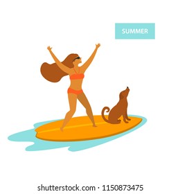 girl and dog surfing cute cartoon vector illustration