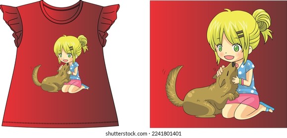 girl with dog t shirt graphic design vector illustration 