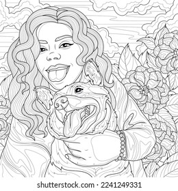 Girl and dog and tongue hanging out Coloring book antistress for children   adults  Illustration isolated white background Zen  tangle style  Hand draw