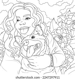 Girl and dog and tongue hanging out Coloring book antistress for children   adults  Illustration isolated white background  
Line drawing 