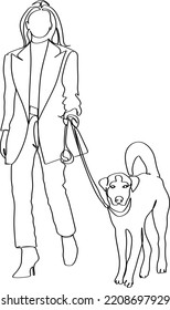 Girl And Dog Trendy Line Art Drawing. Couple Walking Minimalistic Black Lines Drawing On White Background. Continuous One Line Abstract Drawing. Modern Scandinavian Design. 