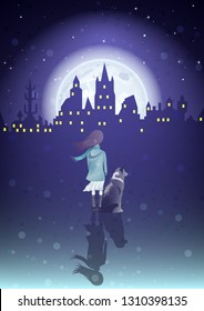 Girl with a dog under the moonlight and silhouette old city , rear view. Vector Illustration