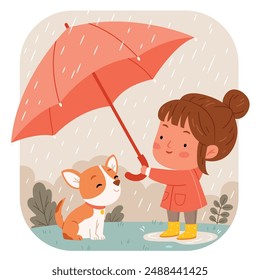 A girl with a dog under an umbrella.Protect pet from autumn rain.Vector illustration. Isolated on white background.