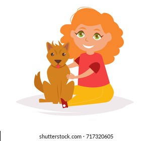 Girl with a dog. Vector. Cartoon. Isolated art on white background. Flat.

