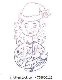 Girl with a dog. Vector illustration for the New Year 2018 - the year of the dog.  Vector illustration cute typographic poster with a girl, a dog and  a quote: Best friends forever.