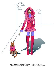 Girl with dog . Vector illustration. Girl in the red jacket.