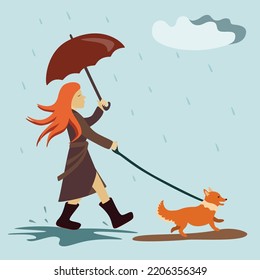 Girl with dog vector illustration. A girl with an umbrella and a dog in the rain.