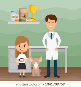 girl with dog and veterinary doctor characters