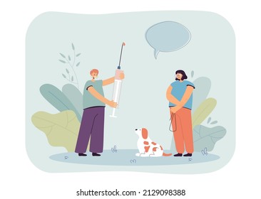 Girl with dog visiting veterinarian flat vector illustration. Veterinary physician getting ready to inject puppy. Pet, health care, love concept for banner, website design or landing web page