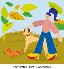 Girl dog walker with Dachshund and Azawakh