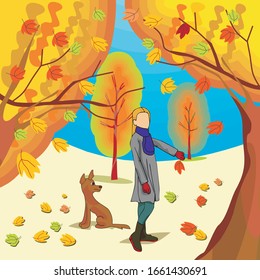 a girl with a dog is walking in the autumn park