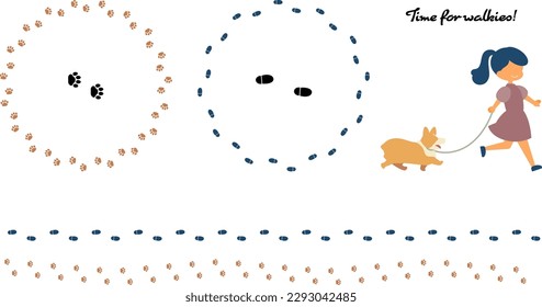 Girl and dog walking, footprints frame and line