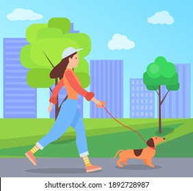 A girl with a dog is walking on the street. Female character spends time outdoors with her pet. The owner walks with cheerful puppy on a leash in open area against the background of cityscape
