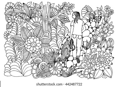 Girl with a dog walking on the way in the forest. Black and white pattern for coloring. Doodle floral drawing. Art therapy coloring page. Relaxing for all ages. For adult and kids