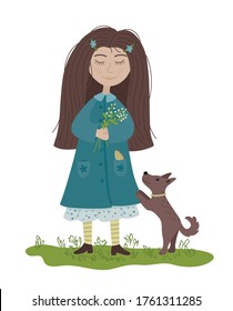 Girl with a dog walks on meadow. Hello summer