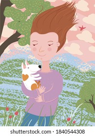 Girl with dog in windy day vector illustration