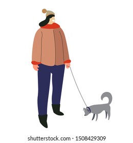 Girl with dog, winter outdoor activity, owner walking with pet, isolated female character vector. Puppy and woman in coat and knitted hat, Christmas time. Warm clothing and knitted hat, domestic anima