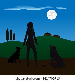girl with dogs in the evening