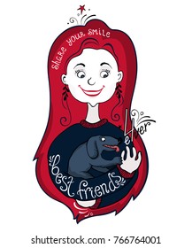 Girl with a dog.Vector illustration cute typographic poster with a girl, a dog and  a quote: Best friends forever; banner of shelters for animals. Children's sticker.