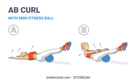 Girl Doing Ab Curl Exercise with Fitness Mini Ball Guidance Illustration. Colorful Concept of Female Working at Home on Her Abs a Young Woman in Sportswear Doing Curls in Two Stages.