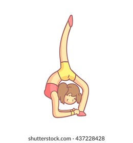 Girl Doing Advanced Yoga Back Bend Flat Outlined Pale Color Funny Drawing Isolated On White Background