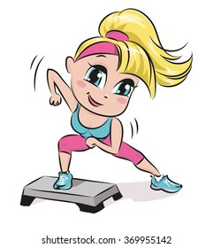 Girl doing aerobic exercises. Girl doing step. Woman takes exercises. Girl engaged in sports.