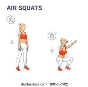 Girl doing Air Squats Exercise Home Workout Guidance. Squatting Athletic Young Woman in Sportswear Top, Leggings, and Sneakers Does Butt Workout Exercise.