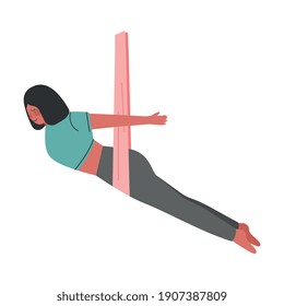 Girl Doing Air Yoga, Slim Young Woman Practicing Flying Anti Gravity Yoga and Balancing with Hammock, Healthy Lifestyle Concept Cartoon Style Vector Illustration
