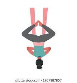 Girl Doing Air Yoga, Slim Girl in Sportswear Practicing Flying Anti Gravity Yoga Inverted Pose Cartoon Style Vector Illustration