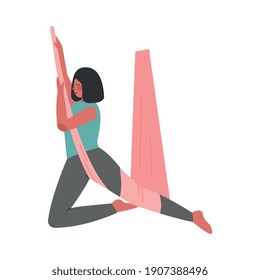 Girl Doing Air Yoga, Slim Girl in Sportswear Practicing Flying Anti Gravity Yoga with Hammock Cartoon Style Vector Illustration