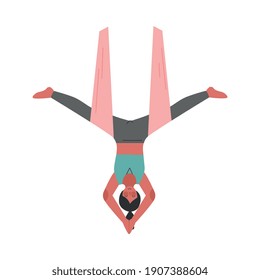 Girl Doing Air Yoga, Slim Young Woman in Sportswear Practicing Flying Anti Gravity Yoga Stretching Asana, Fitness Workout Cartoon Style Vector Illustration