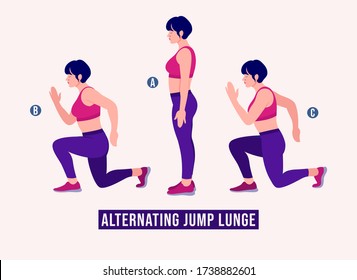 Girl Doing Alternating Jump Lunge Exercise, Woman Workout Fitness, Aerobic And Exercises. Vector Illustration.