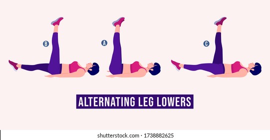 Girl doing Alternating Leg Lowers exercise, Woman workout fitness, aerobic and exercises. Vector Illustration.