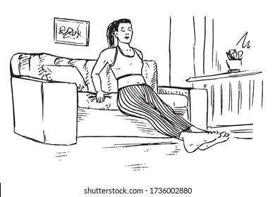 Niña haciendo ejercicios de empuje hacia atrás en el sofá, entrenamiento en casa, fondo interior, doodle dibujado a mano, dibujo con estilo de gravidez, ilustración de esbozo